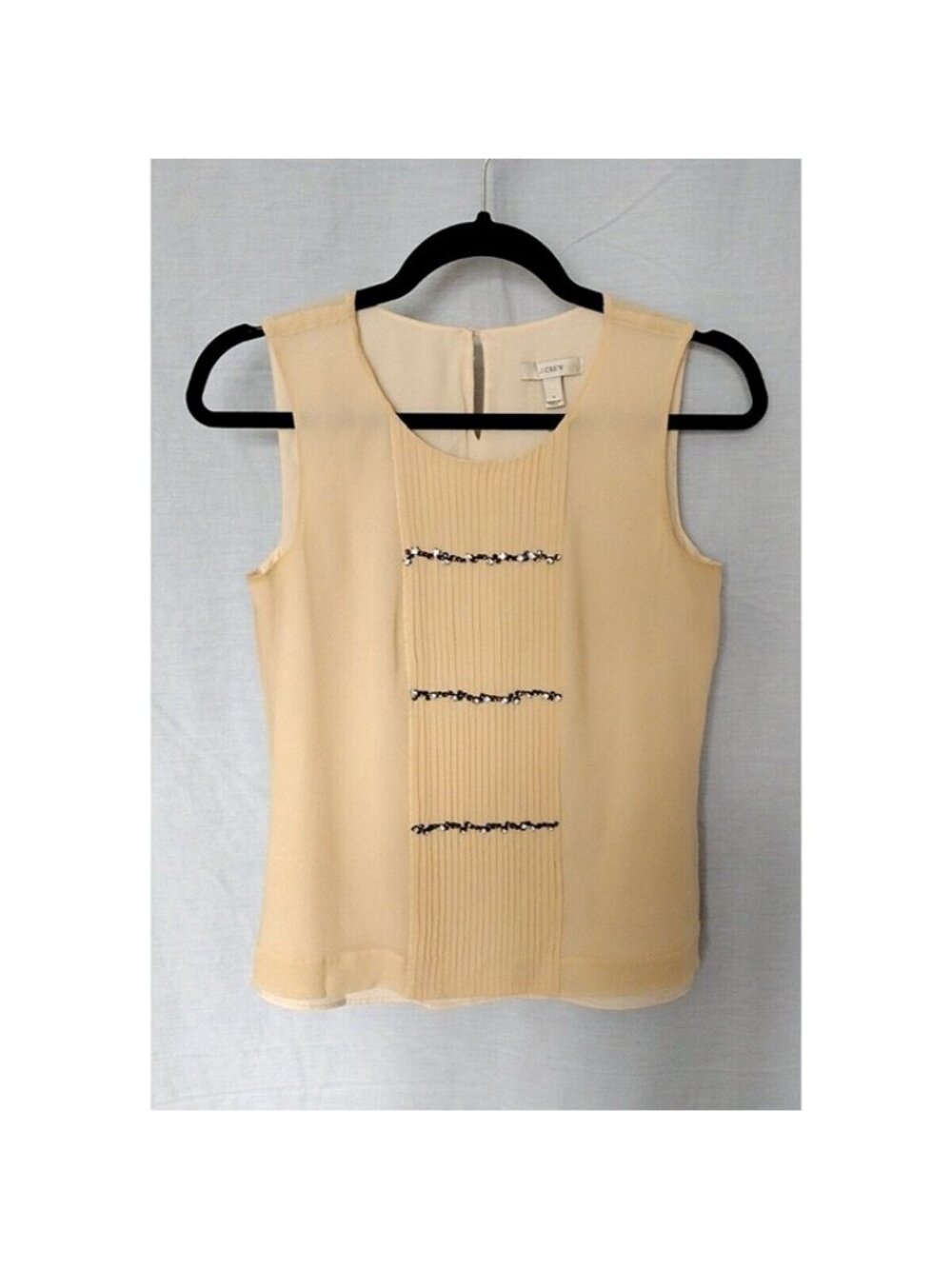 J Crew champagne beige 100% silk tank top pleats rhinestone trim lined SZ 0
